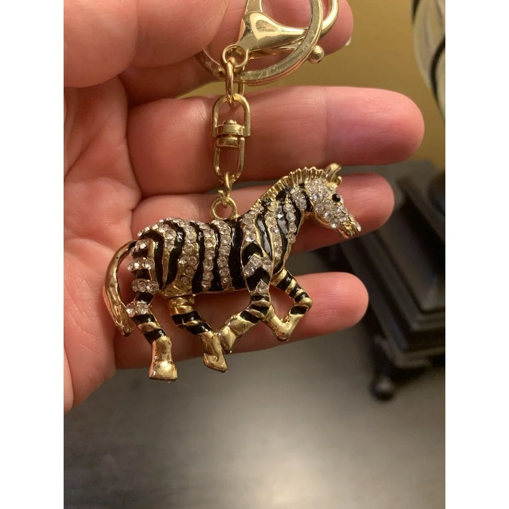 Horse Zebra Keychain Bejeweled Rhinestone Purse Jewelry Bling Clip Key Ring